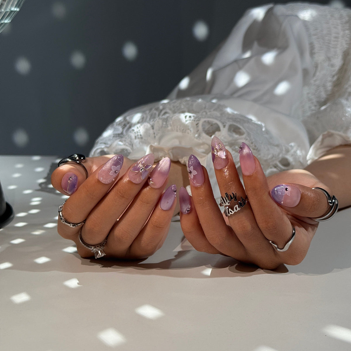 Wisteria Dream Press On Nails, Lavender Butterfly Shimmer Nail Set