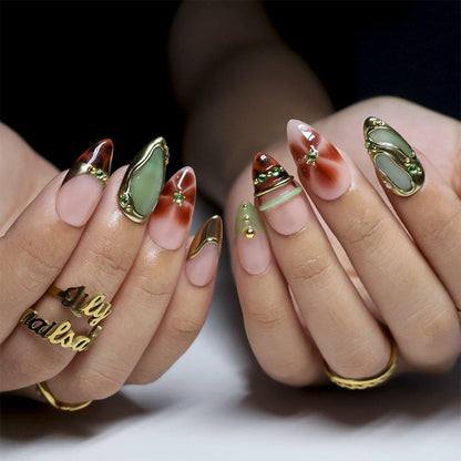 Fall Olive Green Tortoiseshell Press-On Nails, Medium Almond Gold Chrome French Tips