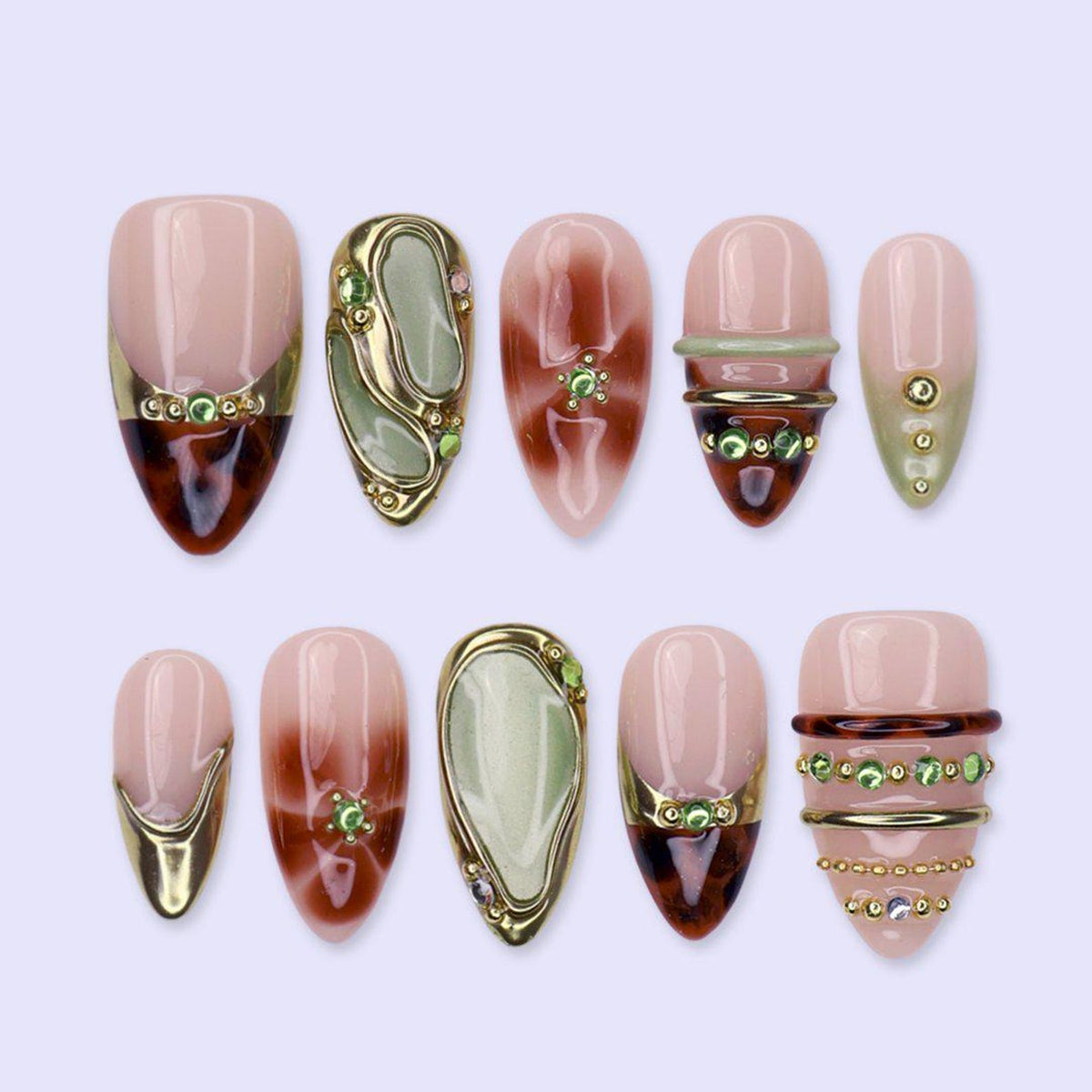Fall Olive Green Tortoiseshell Press-On Nails, Medium Almond Gold Chrome French Tips
