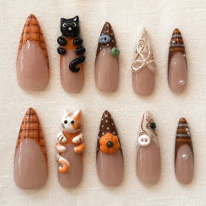 Cozy Fall Press On Nails, 3D Cat Autumn Nails, Brown Plaid Pumpkin Design