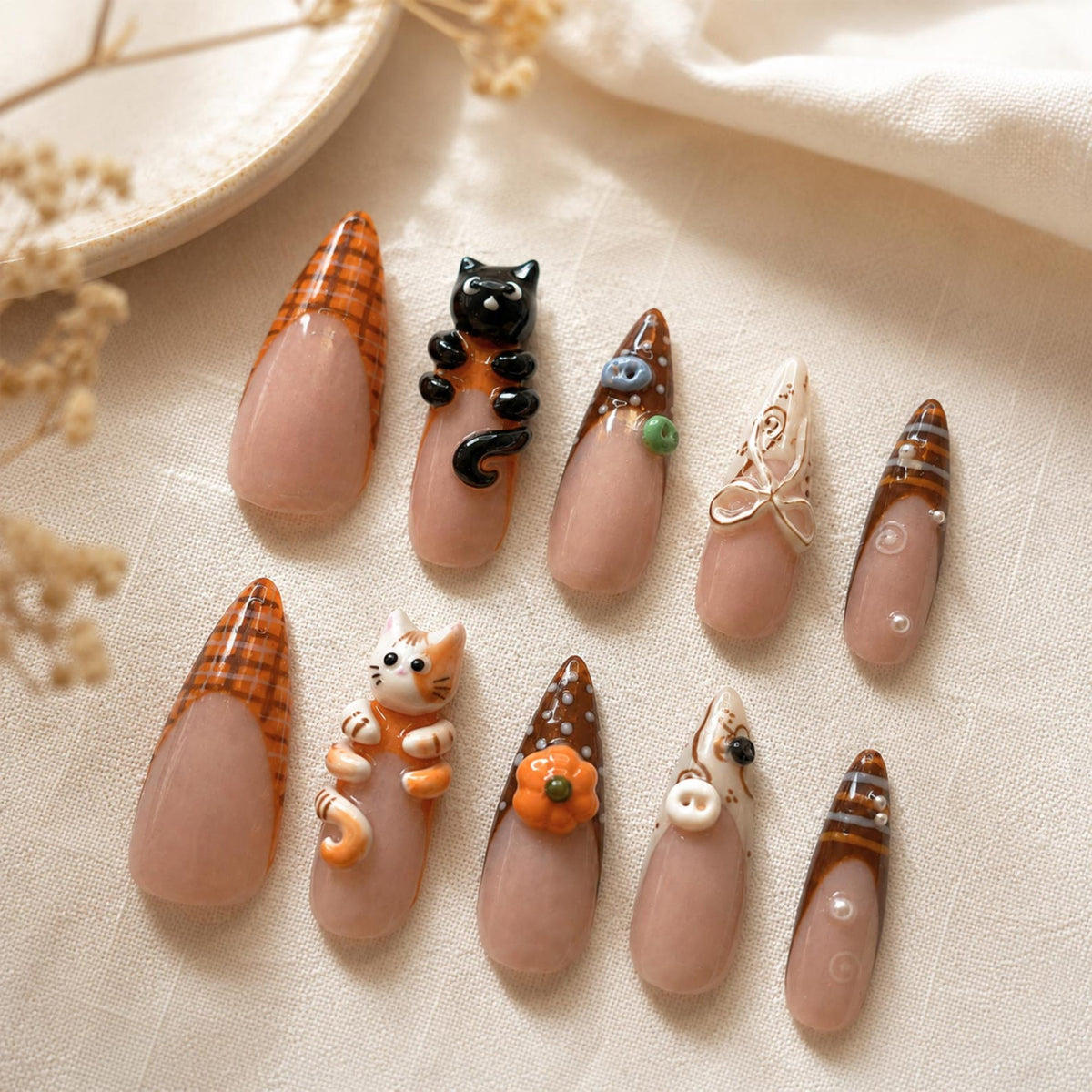 Cozy Fall Press On Nails, 3D Cat Autumn Nails, Brown Plaid Pumpkin Design