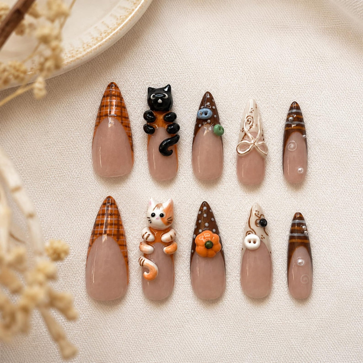 Cozy Fall Press On Nails, 3D Cat Autumn Nails, Brown Plaid Pumpkin Design