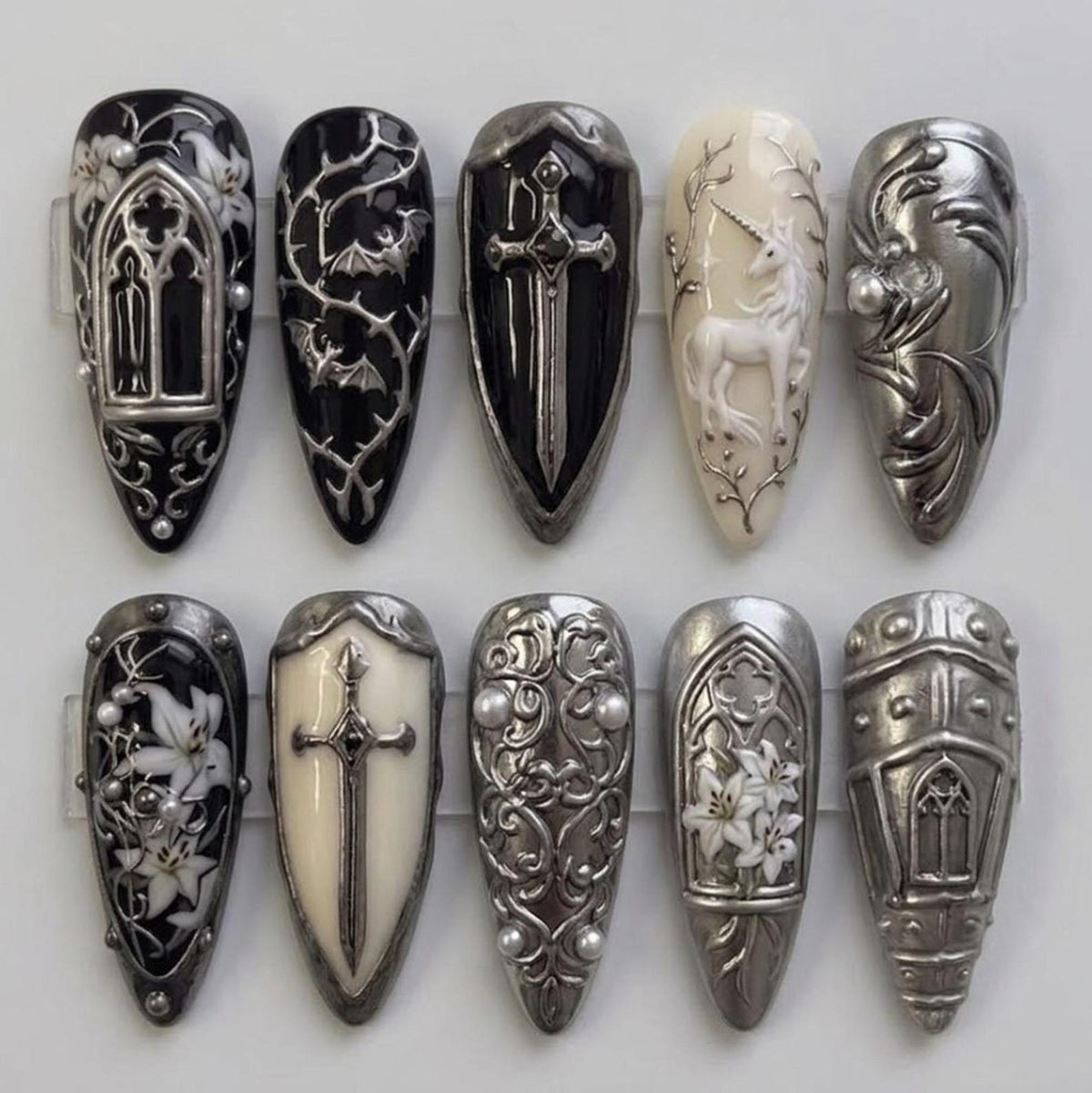 Handmade Gothic Medieval Press On Nails | 3D Silver Sword Armor & Unicorn Art | Dark Fantasy Vampire Custom Nails