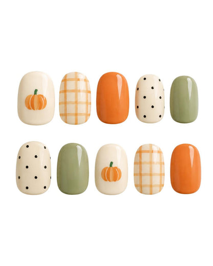 Fall Pumpkin Press On Nails | Orange Plaid Nails | Sage Green Nails | Polka Dot Nails | Autumn Thanksgiving Nails | Cozy Fall Press Ons