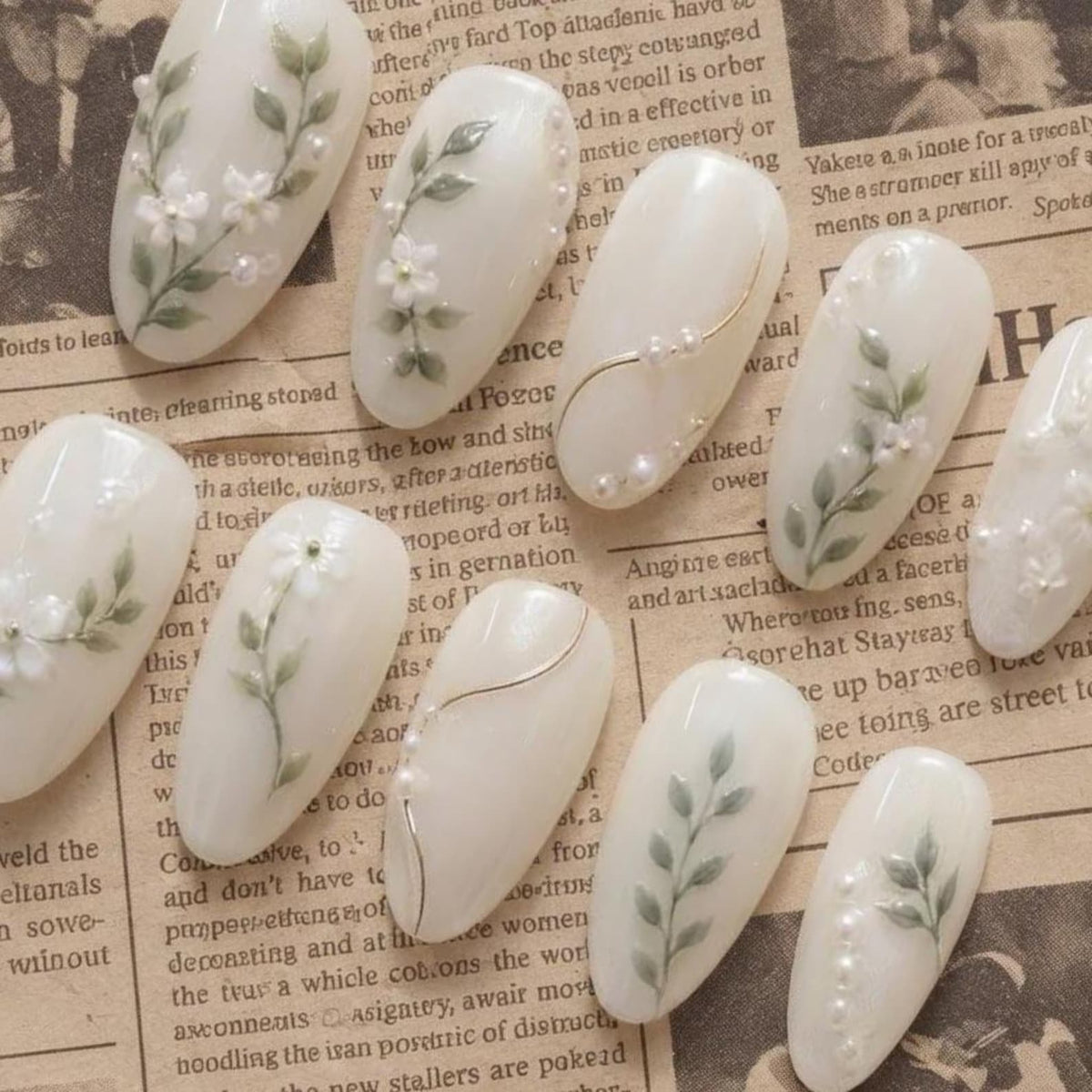 Botanical Leaf Press On Nails, Hand Painted Floral Pearl White False Nails Bridal