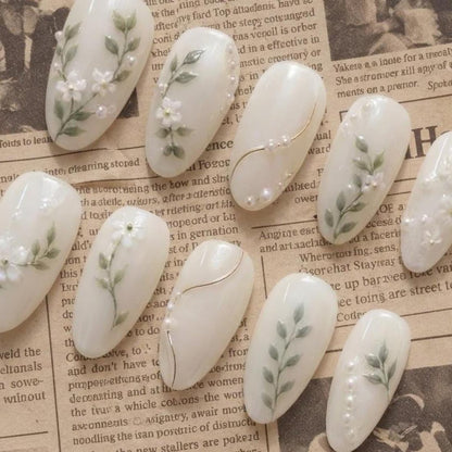 Botanical Leaf Press On Nails, Hand Painted Floral Pearl White False Nails Bridal