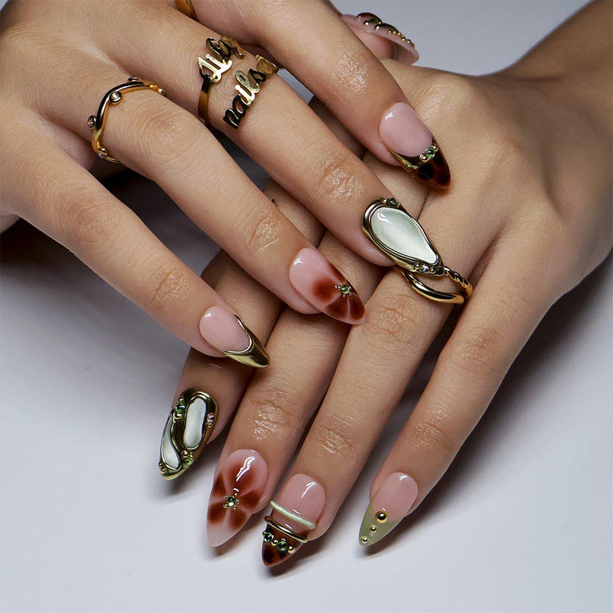 Fall Olive Green Tortoiseshell Press-On Nails, Medium Almond Gold Chrome French Tips