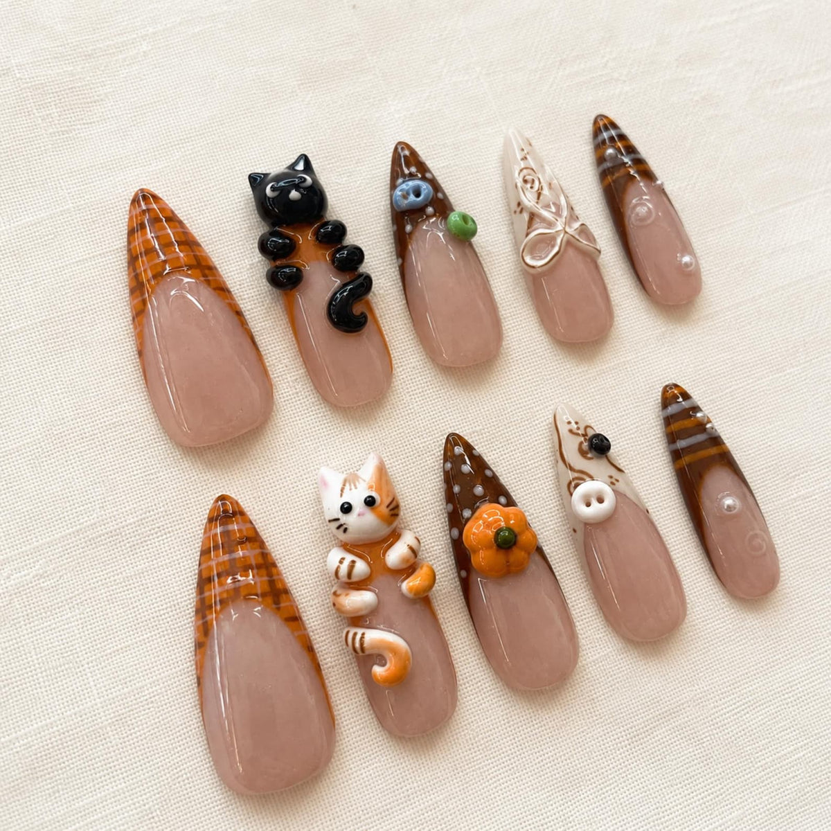 Cozy Fall Press On Nails, 3D Cat Autumn Nails, Brown Plaid Pumpkin Design