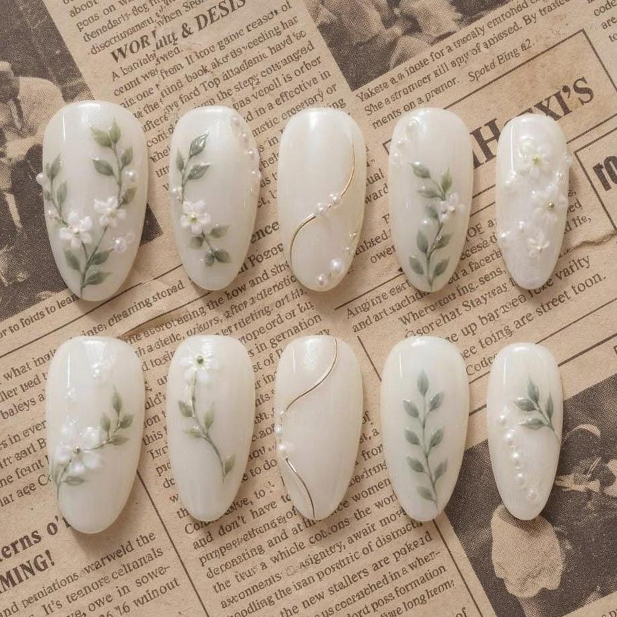 Botanical Leaf Press On Nails, Hand Painted Floral Pearl White False Nails Bridal