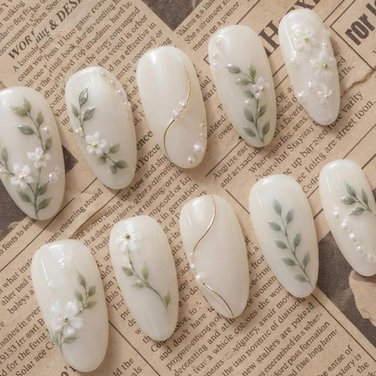 Botanical Leaf Press On Nails, Hand Painted Floral Pearl White False Nails Bridal