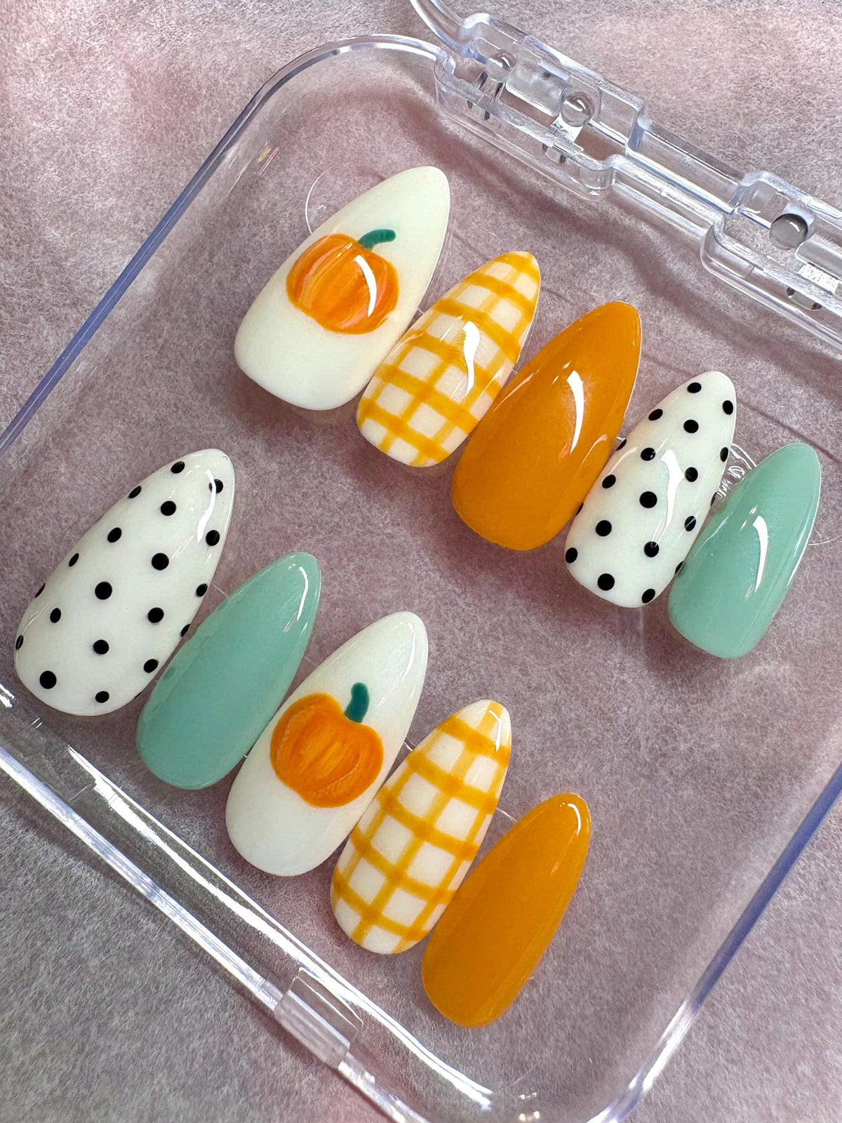 Fall Pumpkin Press On Nails | Orange Plaid Nails | Sage Green Nails | Polka Dot Nails | Autumn Thanksgiving Nails | Cozy Fall Press Ons