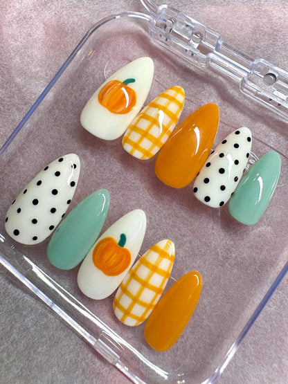 Fall Pumpkin Press On Nails | Orange Plaid Nails | Sage Green Nails | Polka Dot Nails | Autumn Thanksgiving Nails | Cozy Fall Press Ons