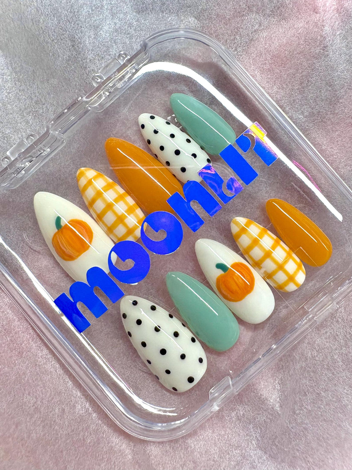 Fall Pumpkin Press On Nails | Orange Plaid Nails | Sage Green Nails | Polka Dot Nails | Autumn Thanksgiving Nails | Cozy Fall Press Ons