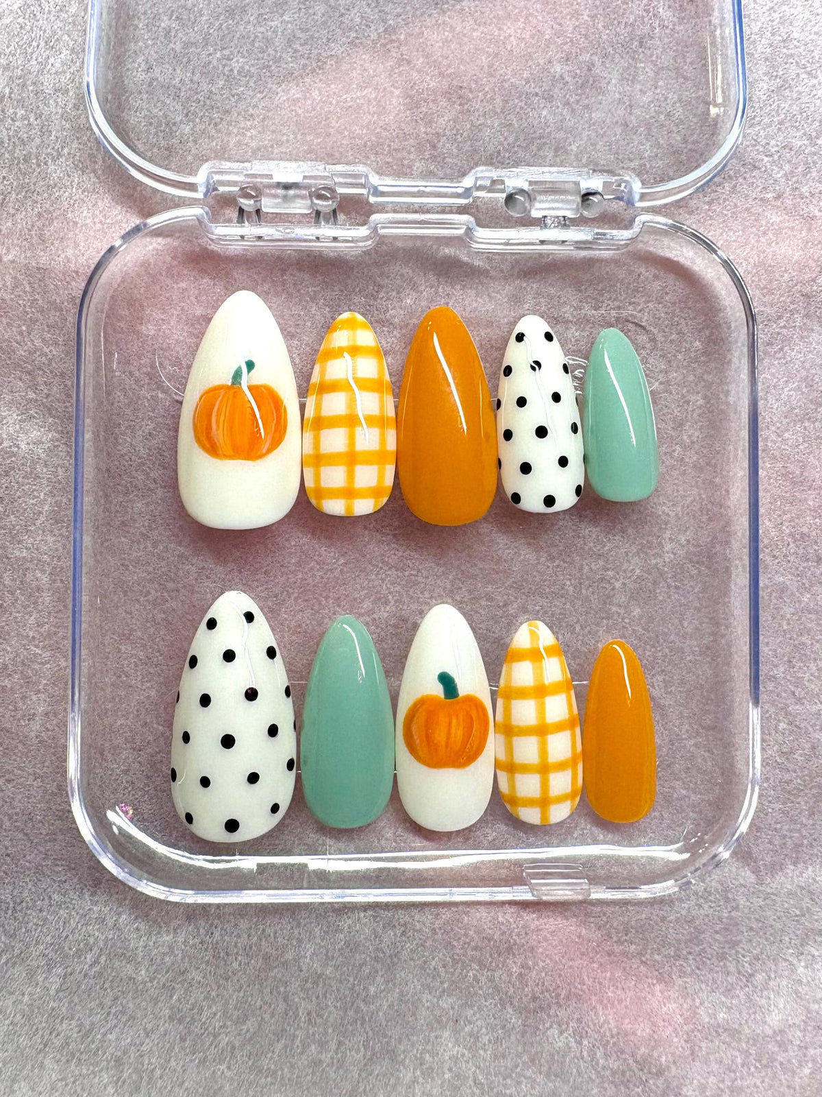 Fall Pumpkin Press On Nails | Orange Plaid Nails | Sage Green Nails | Polka Dot Nails | Autumn Thanksgiving Nails | Cozy Fall Press Ons