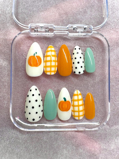 Fall Pumpkin Press On Nails | Orange Plaid Nails | Sage Green Nails | Polka Dot Nails | Autumn Thanksgiving Nails | Cozy Fall Press Ons