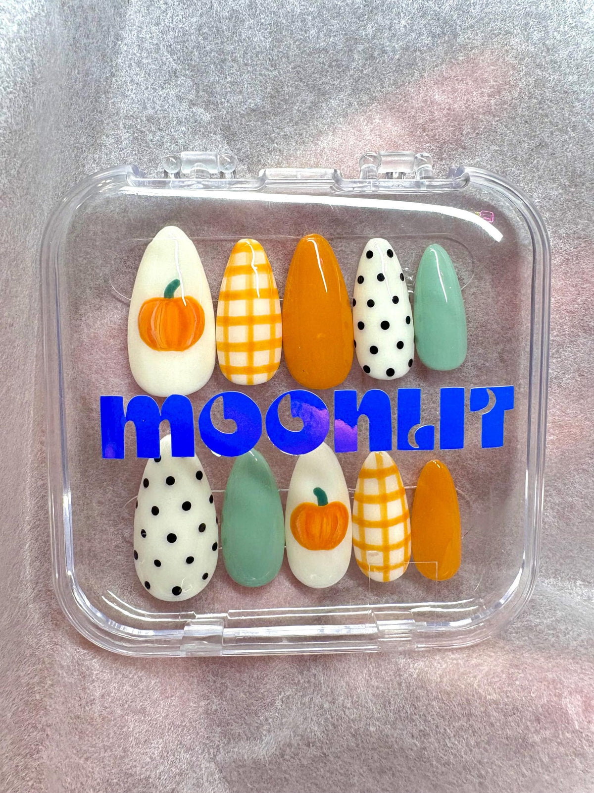 Fall Pumpkin Press On Nails | Orange Plaid Nails | Sage Green Nails | Polka Dot Nails | Autumn Thanksgiving Nails | Cozy Fall Press Ons