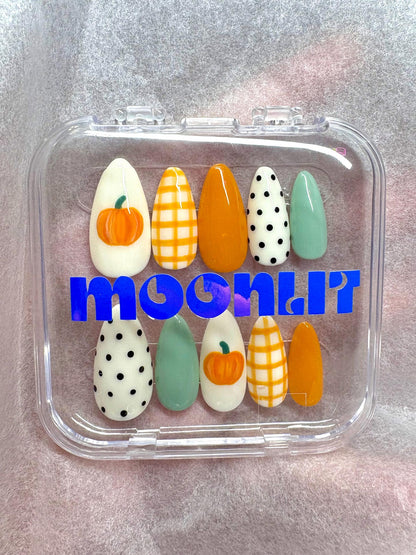 Fall Pumpkin Press On Nails | Orange Plaid Nails | Sage Green Nails | Polka Dot Nails | Autumn Thanksgiving Nails | Cozy Fall Press Ons