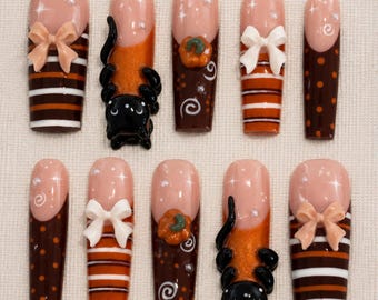 Cozy Fall Press On Nails, 3D Cat Autumn Nails, Brown Plaid Pumpkin Design