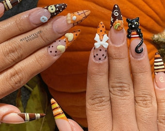 Cozy Fall Press On Nails, 3D Cat Autumn Nails, Brown Plaid Pumpkin Design