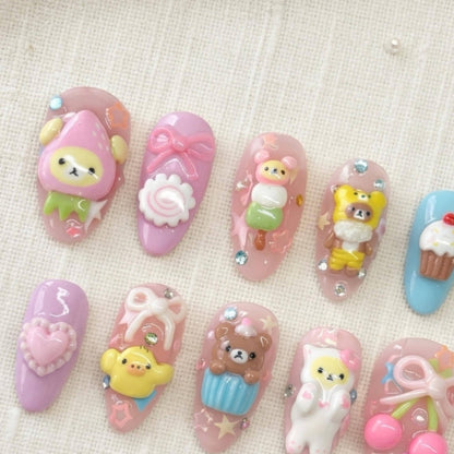 Pink Coquette Fake Nails, Japanese Nail Set, 3D Bear Kawaii Press On Nails