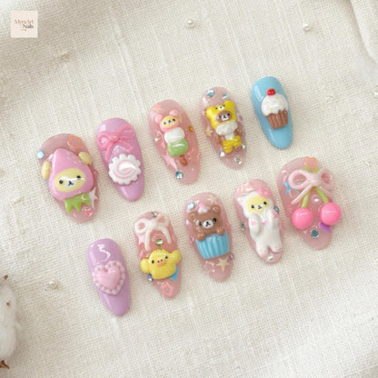 Pink Coquette Fake Nails, Japanese Nail Set, 3D Bear Kawaii Press On Nails