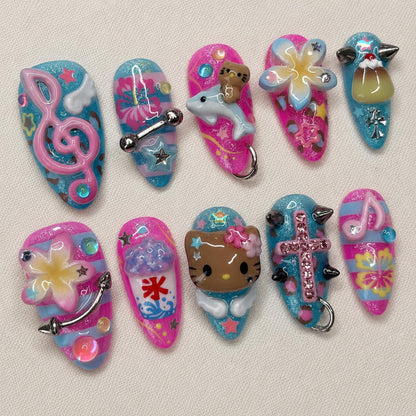 Y2K Kawaii Press On Nails, Tropical Dolphin Summer Nail Set
