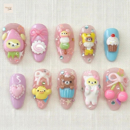3D Bear Kawaii Press On Nails, Pink Coquette Fake Nails, Japanese Nail Set