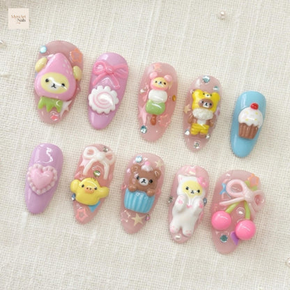 Pink Coquette Fake Nails, Japanese Nail Set, 3D Bear Kawaii Press On Nails
