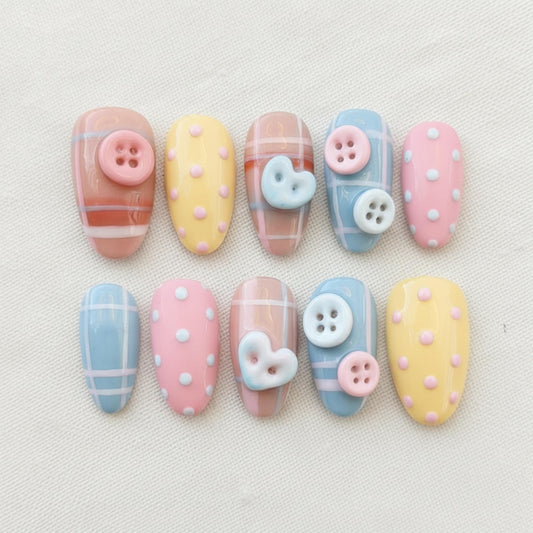 3D Kawaii Polka Dot Press On Nails, Handmade Pastel Button Nail Art