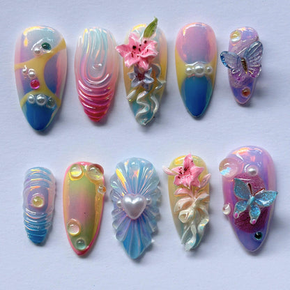 Fairycore Chrome Press On Nails, 3D Butterfly Pastel Jelly Nails