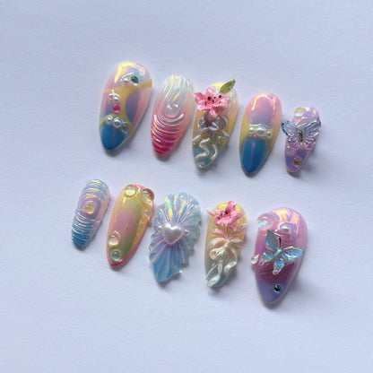 Fairycore Chrome Press On Nails, 3D Butterfly Pastel Jelly Nails
