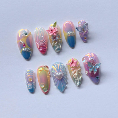 Fairycore Chrome Press On Nails, 3D Butterfly Pastel Jelly Nails