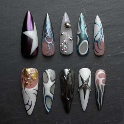 Chrome Press On Nails, Silver Blue Abstract Swirl Nails with 3D Metal Charms