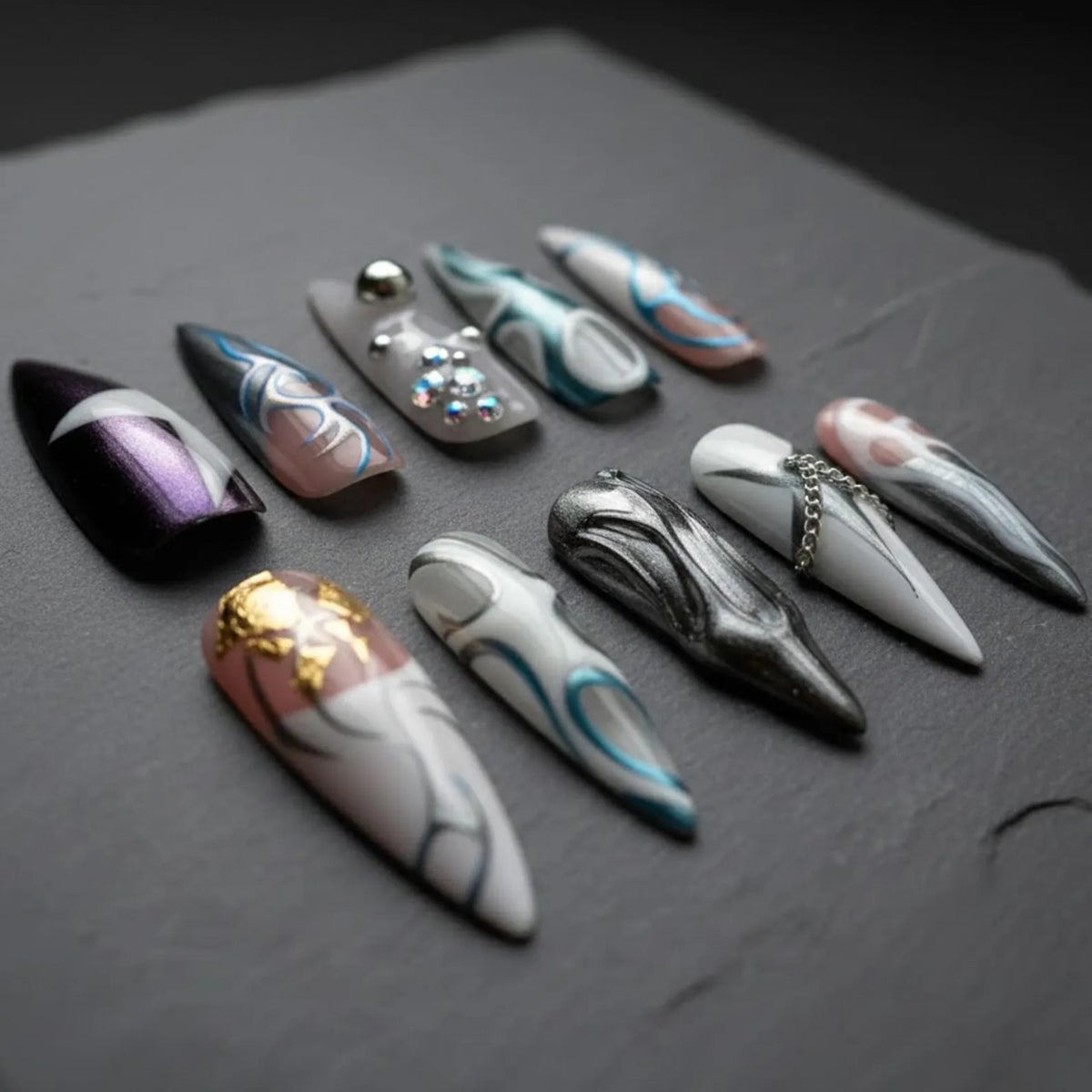 Chrome Press On Nails, Silver Blue Abstract Swirl Nails with 3D Metal Charms