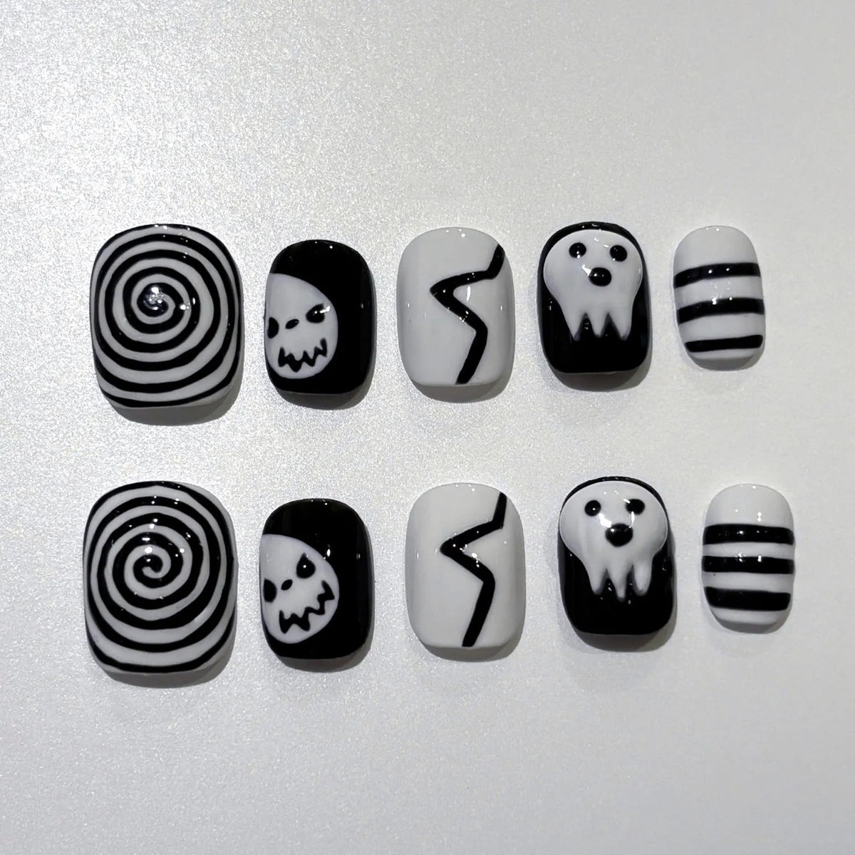 Halloween Press On Nails, Black White Ghost Skull & Swirl Gothic Nail Art