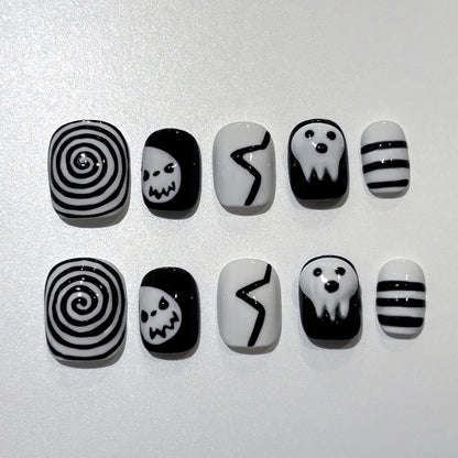 Halloween Press On Nails, Black White Ghost Skull & Swirl Gothic Nail Art