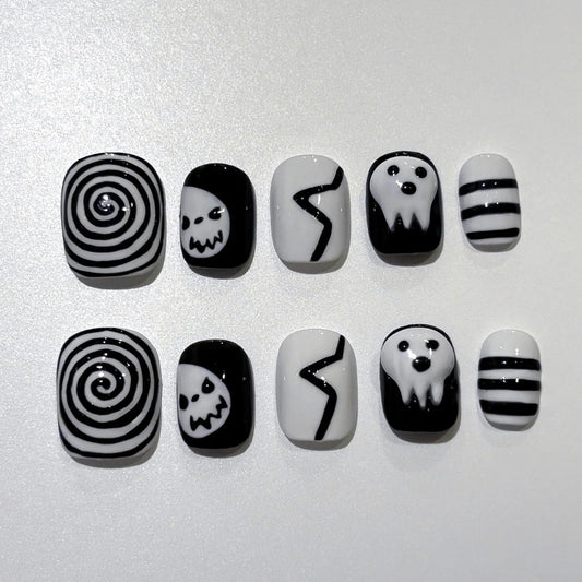 Halloween Press On Nails, Black White Ghost Skull & Swirl Gothic Nail Art
