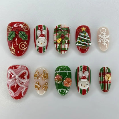 Christmas Press On Nails, Red Green Bunny Gingerbread Tree & Plaid Holiday Nails