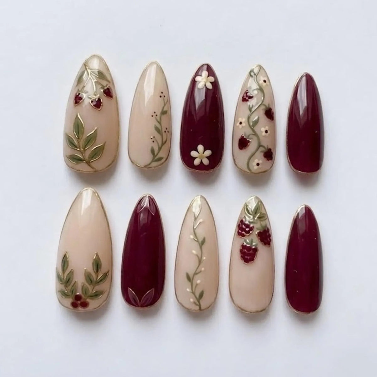Botanical Berry Press On Nails, Burgundy Floral Nails with Vines & Gold Accents