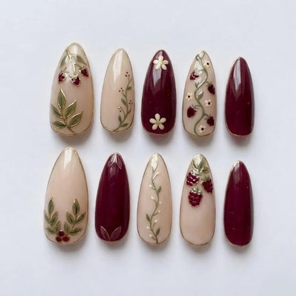 Botanical Berry Press On Nails, Burgundy Floral Nails with Vines & Gold Accents