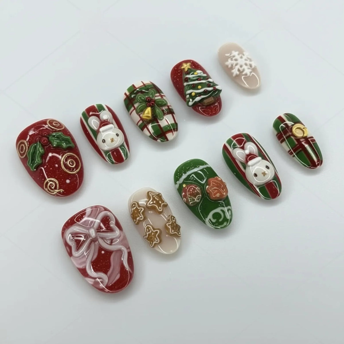 Christmas Press On Nails, Red Green Bunny Gingerbread Tree & Plaid Holiday Nails