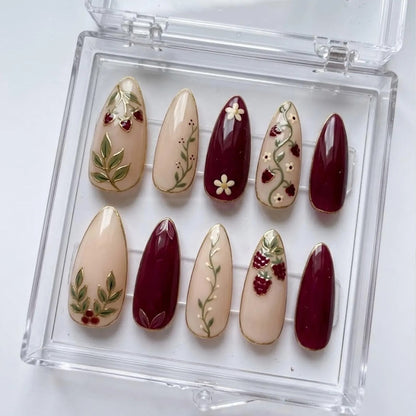 Botanical Berry Press On Nails, Burgundy Floral Nails with Vines & Gold Accents