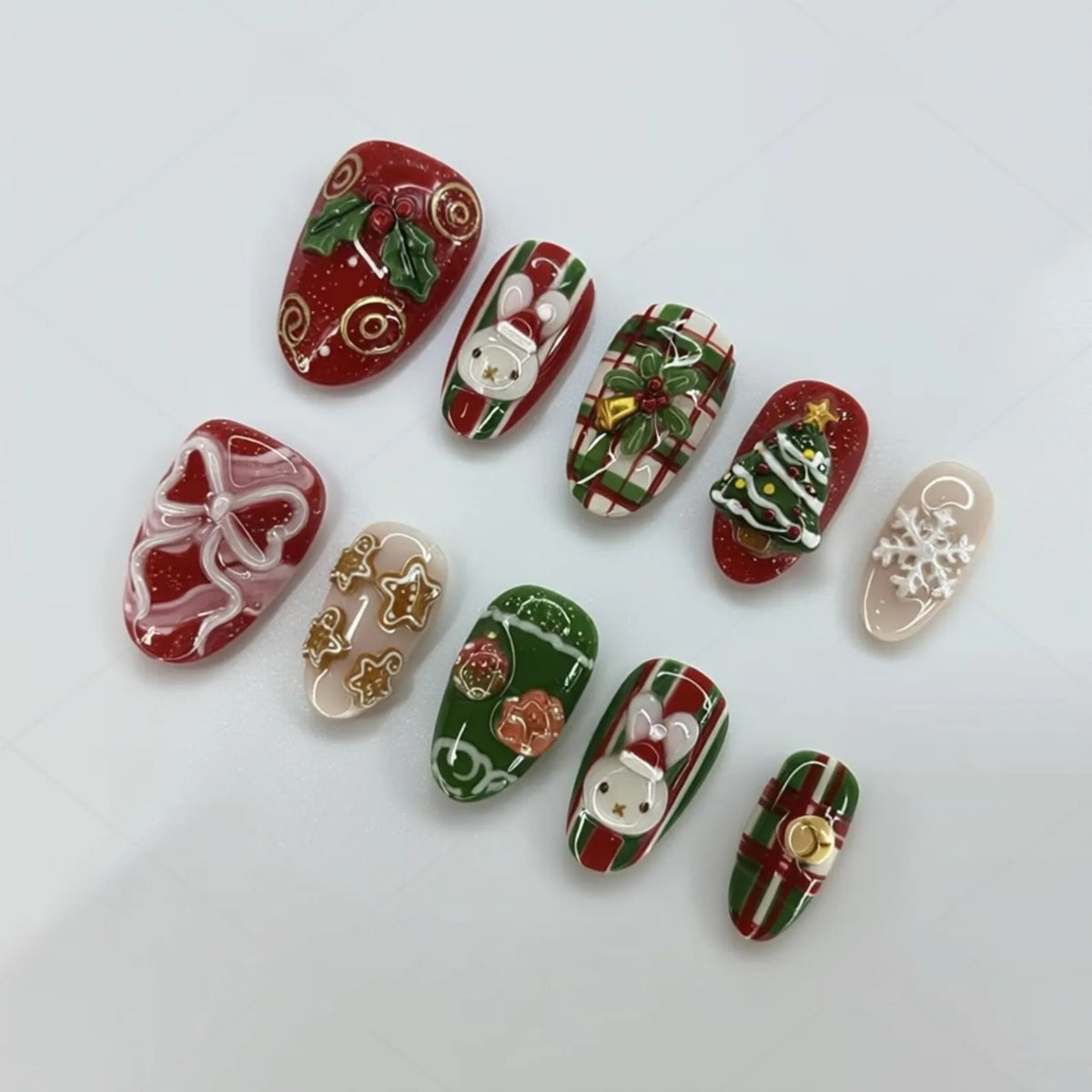 Christmas Press On Nails, Red Green Bunny Gingerbread Tree & Plaid Holiday Nails