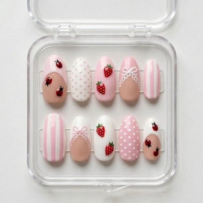 Pink Coquette Press On Nails, Strawberry Ladybug Nails with Bows & Polka Dots
