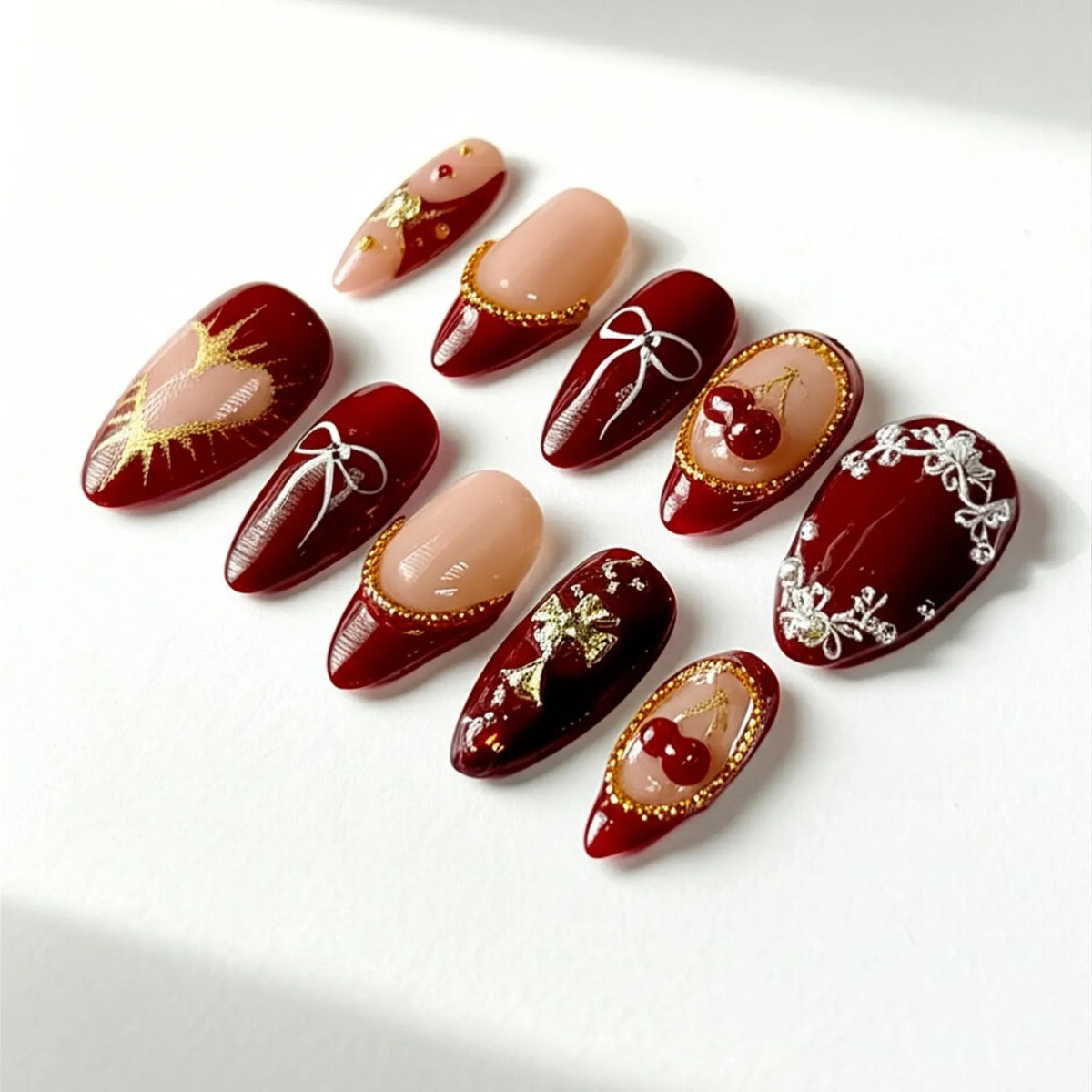 Cherry Red Press On Nails, Gold Heart Bow & Pearl Romantic Nail Art