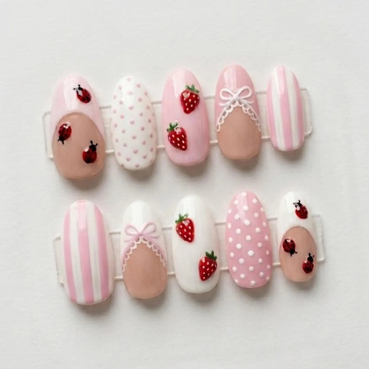 Pink Coquette Press On Nails, Strawberry Ladybug Nails with Bows & Polka Dots