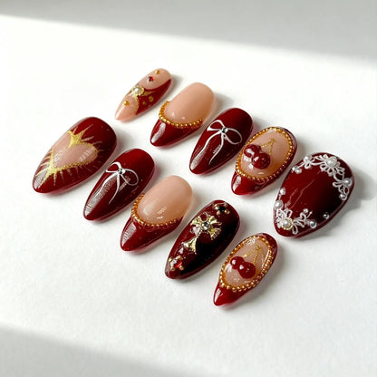 Cherry Red Press On Nails, Gold Heart Bow & Pearl Romantic Nail Art