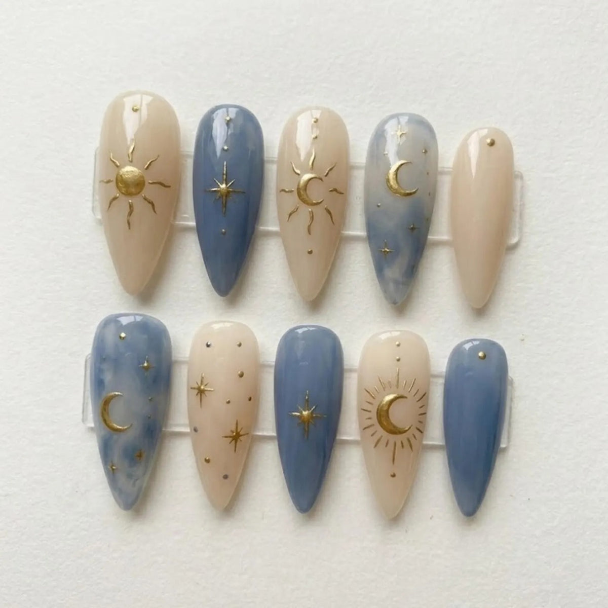 Celestial Press On Nails, Blue Nude Sun Moon & Gold Star Almond Nails