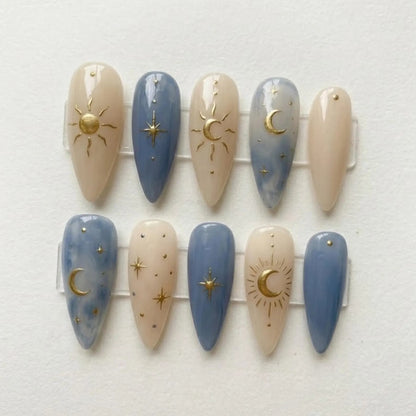 Celestial Press On Nails, Blue Nude Sun Moon & Gold Star Almond Nails