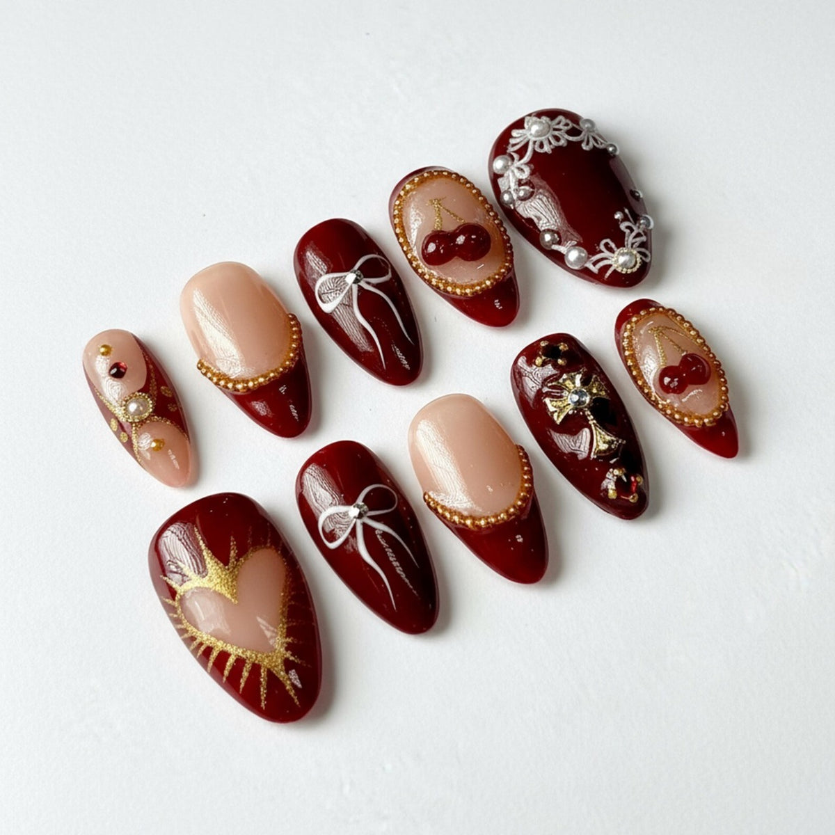 Cherry Red Press On Nails, Gold Heart Bow & Pearl Romantic Nail Art